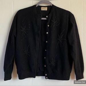 Vintage Miles Sweater Woman’s Large Black Embellished Lambs Wool Cardigan Preppy